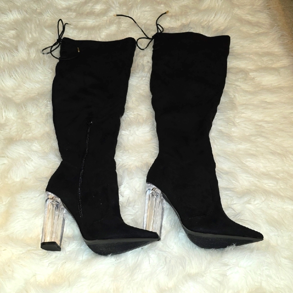 Shoe Dazzle Black Boots with Clear Heels